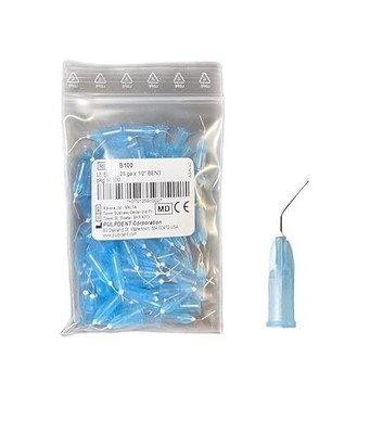 Pulpdent 25 ga x 1/2'' Pre-Bent Dispenser Tips, Light Blue 100/Pk. Use