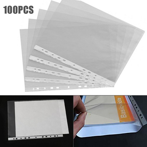 100 Pcs A4 Clear Plastic Punched Pockets Folders Filing Sleeves Document H 88u - Picture 1 of 9