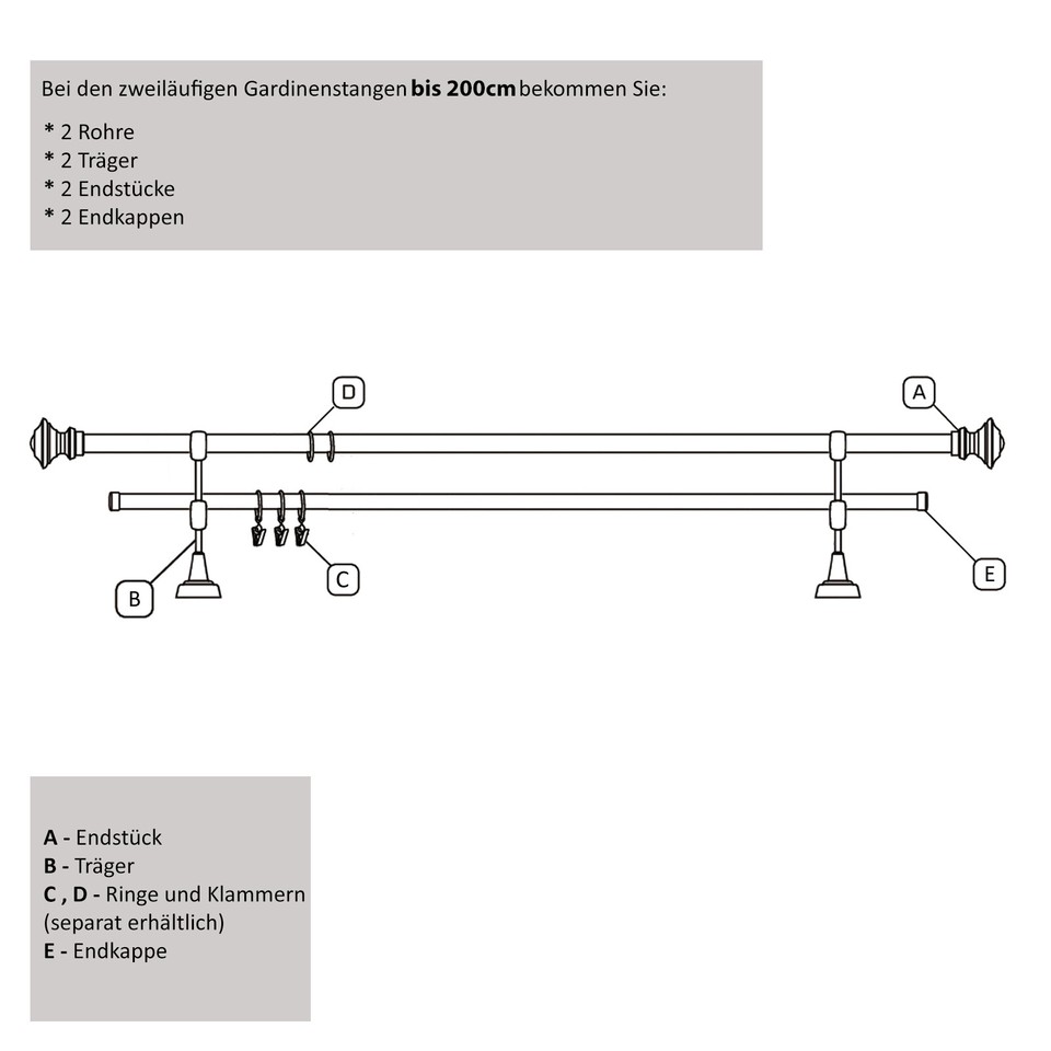 MDEKOR Gardinenstange 19 Mm 1-Lauf Chrom-matt Metall, 200