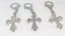 3 purse charms Cross Rhinestone Purse charm/key ring 2 ab coated white 1 purple
