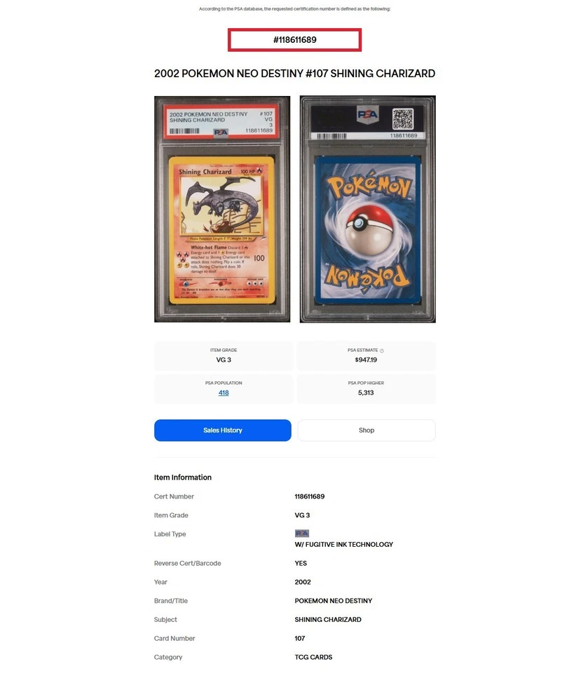 2002 Pokemon Neo Destiny #107 Shining Charizard PSA 3 - Image 3 of 3