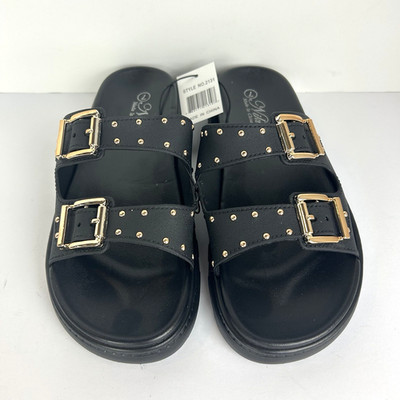NWT Niki Slip On Sandals Womens 7 Black Wide Strap Gold Buckle Studded Sandals