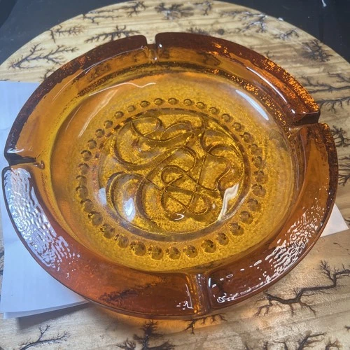 VTG BLENKO Large 10" Ashtray Sand Scroll Pattern Amber Glass 4 Slot Heavy
