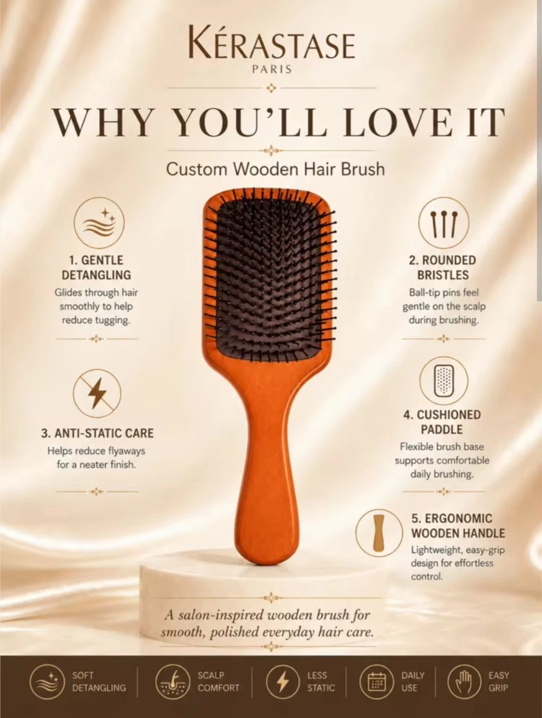 Kerastase Paris wooden paddle brush with brown bristles, round handle, and gold-bronze box featuring �Why You�ll Love It� text.