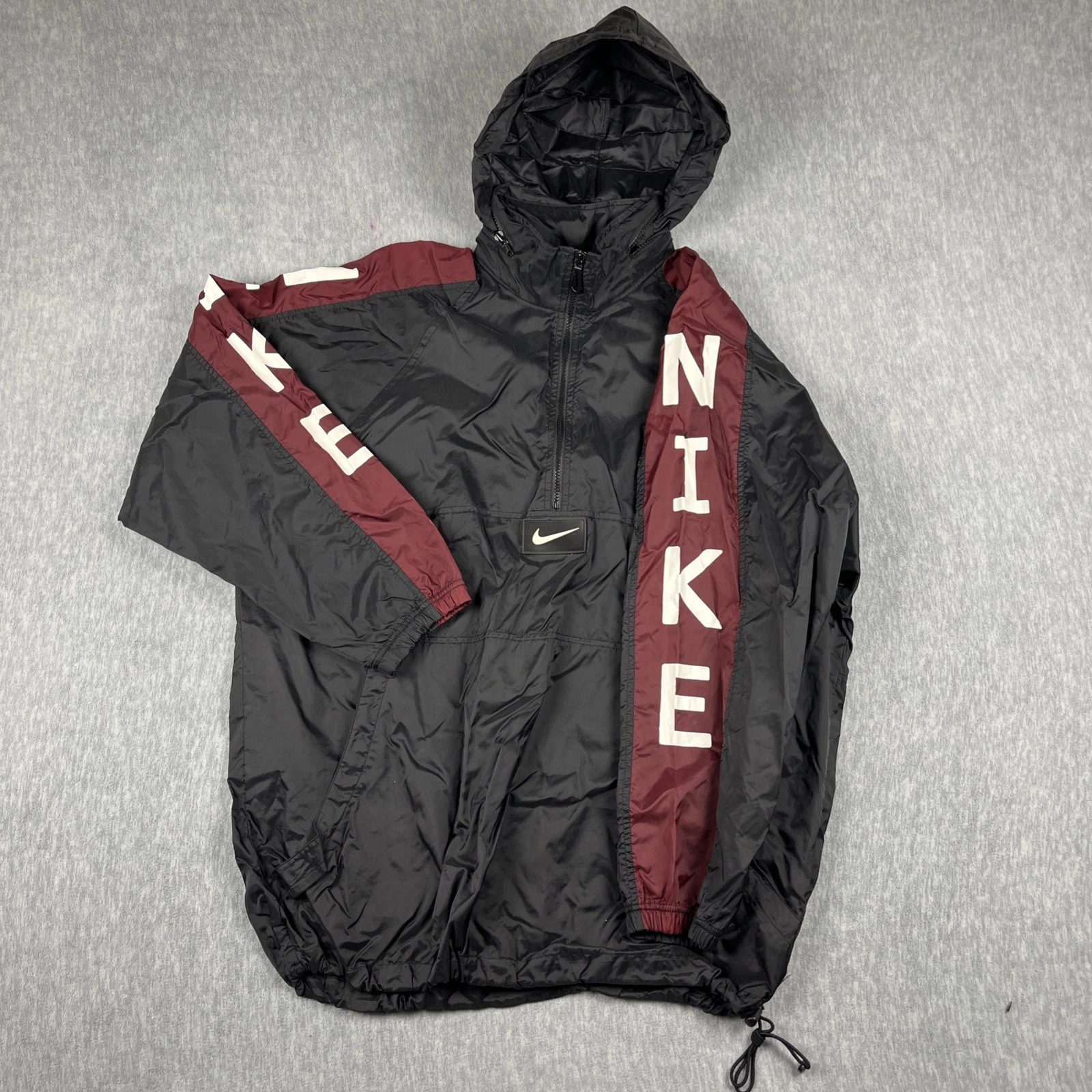 Nike Windbreaker Black Maroon Men’s Size L Oversized Tuckable Hood, Vintage