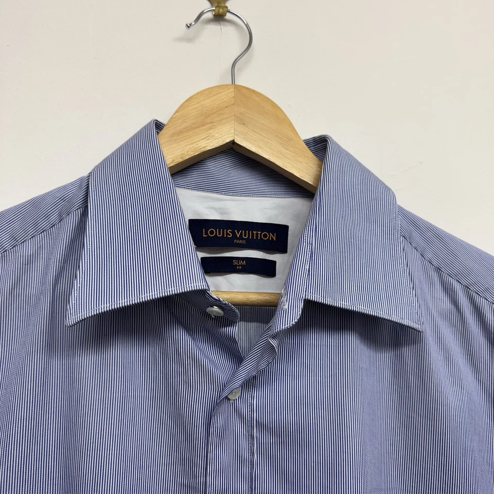 "Camisa formal Louis Vuitton VCCM06 azul pin rayas hecha en Italia 42 17"""  Foto 3 de 4