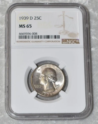 1939 D WASHINGTON QUARTER DOLLAR 90% SILVER NGC MS 65 MS65 DENVER MINT 25¢ COIN