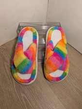 Rainbow Faux Fur Slide Sandals Criss-Cross Plush Slippers Pride Colorful Size 11