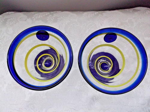 Kosta Boda Martini Glasses Pair 2 Art Glass Royal Caribbean Blue Yellow Swirl - Picture 4 of 4