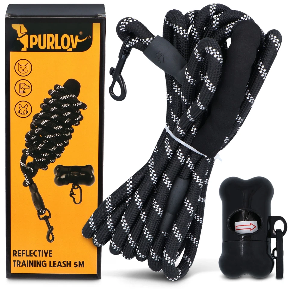 PURLOV Hundeleine 5m Trainingsleine Reflektierend Seil mit Beutelspender 20x Kotbeuteln