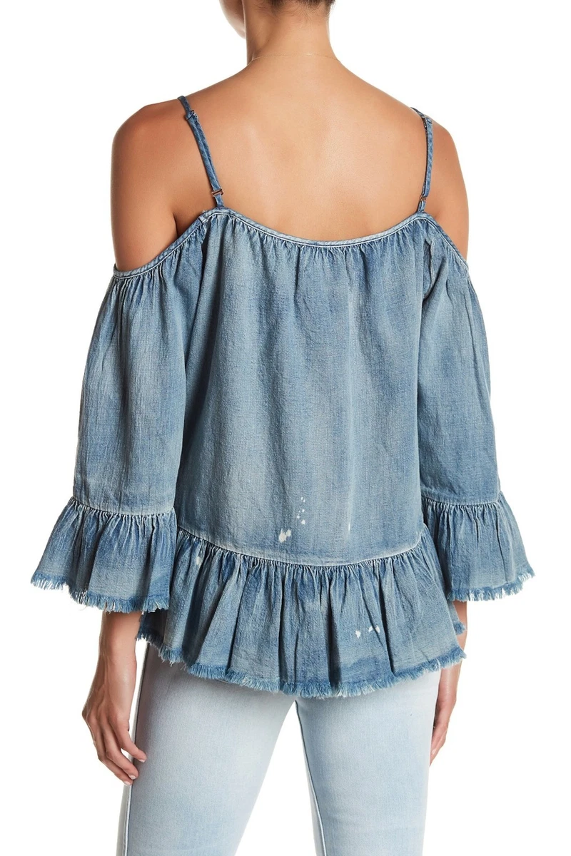 Off the shoulder blue jean shirt cheap