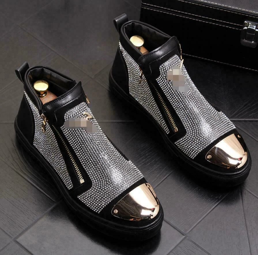 Mens High Top Shiny rhinestone Zip Fashion Ankle Boots Punk Leather Shoes Flats