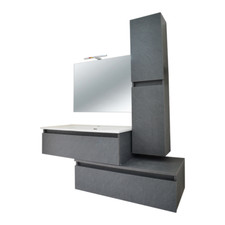 Mobile Bagno Moderno Sospeso Composizione con Lavabo Specchio Luce Led e Colonna