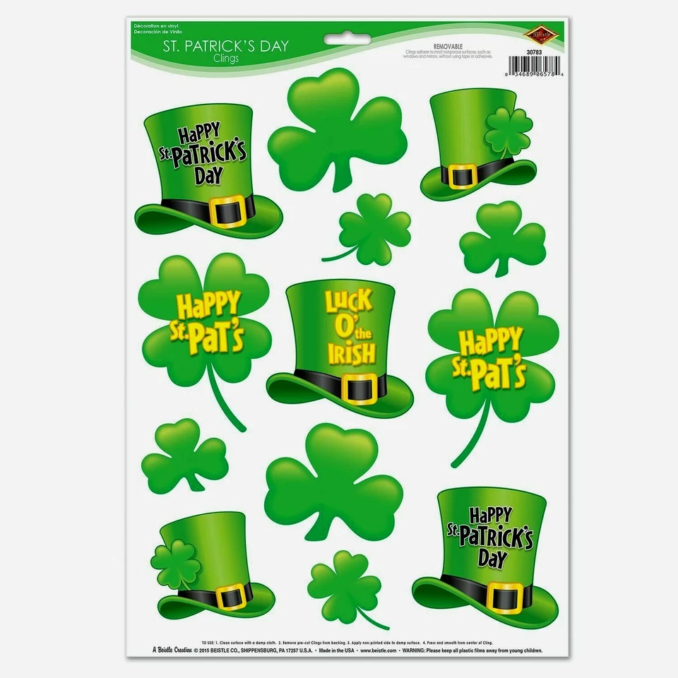 ST PATRICK'S CLING PEEL & PLACE PARTY DECORATION WINDOW MIRROR SHAMROCK TOP HAT — 第 2/3 张图片