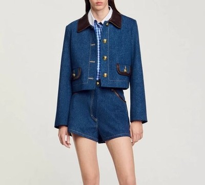 Sandro Collar Denim Jacket / Wide Leg Shorts Suit for Women