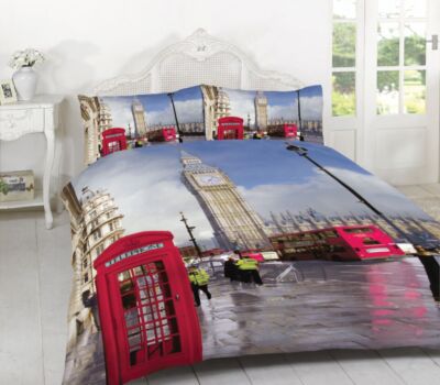 3D London Multi Duvet Quilt Cover & Pillowcase Polycotton Big Ben Bettwäsche Set