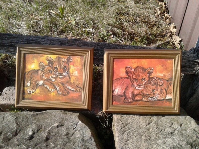 Pair Mid Century Gold Plastic Lion Cubs Pictures by Parkhurst Hollywood Regency