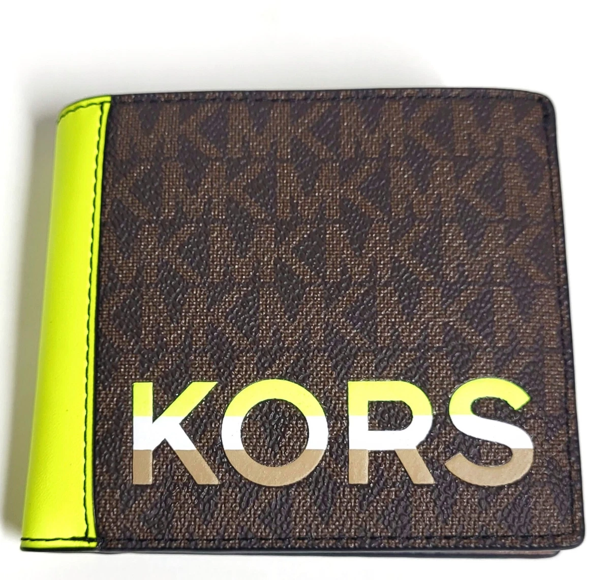 Michael Kors Cooper Brown Neon Signature Leather Graphic Logo Billfold  Wallet 