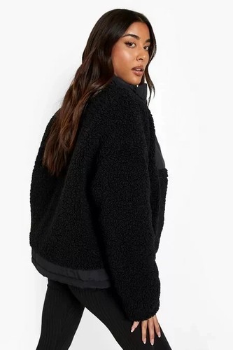 boohoo womens jacket black funnel neck teddy faux fur full zip pockets size 16 - Picture 5 of 8