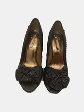 Poetic License Size 9.5 Euro 41 Black Peep Toes Rhinestones Bow Heels Pumps