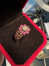 Boxed OLD Vintage 9K Gold Ruby & Diamond Flower Cluster Ring M, 6.25, 3.2g