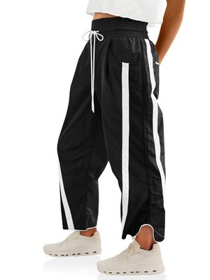 Women's Baggy Wide Leg Pants Casual Drawstring Elastic Waisted Contrast Color...