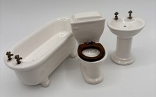 Vintage Doll House Miniature / Mini Bathtub Sink Toilet Ceramic Porcelain 1:12