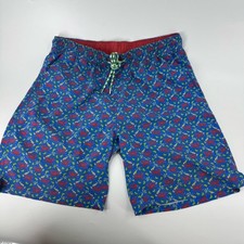Men's Skiff Dogs Swim Wear Blue Swim Trunks with Red and Green Pattern