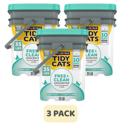 (3 Pack) Tidy Cats Free & Clean Unscented Clumping Clay Cat Litter, 35 lb Pail