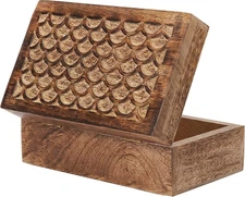 Carved Scallop Mango Wood Box with Lid - Medium Burnt Medium Wood Boxs - Handmad