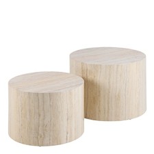 Round Coffee Table Set - Light Travertine or Grey Marble, Modern Living Room
