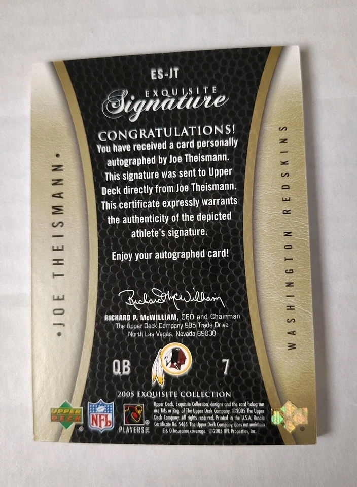 JOE THEISMANN 2005 UPPER DECK EXQUISITE  SIGNATURES AUTO 29/35 REDSKINS SP - Image 2 of 2