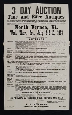 1953 antique BROADSIDE AUCTION SALE north vernon vt ZELIA J STATEN