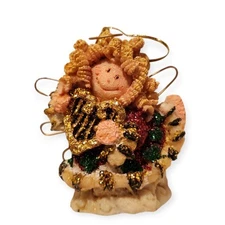 Vtg Country Angel Christmas Tree Ornament With Wire Wings Curly Hair Heart Harp 