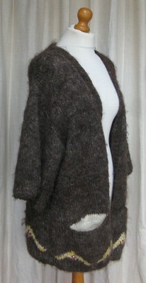 Vintage hand knitted brown chunky pure wool cardigan open coatigan size XL / 18