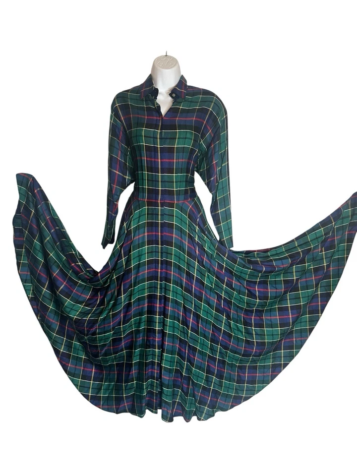 VTG 90s Plaid Heritage English Countryside Full Sweep Academia Maxi Shirtdress 6 - Image 2 of 4
