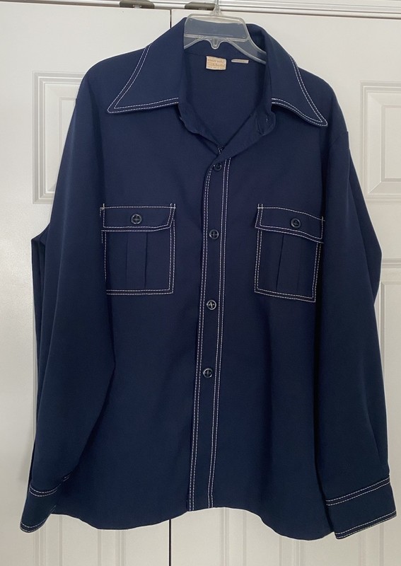 VINTAGE Kings Road Sears Shirt Mens L  42 44 Navy Blue Polyester 70s Disco Retro