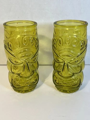 Set of 2 Vintage Anchor Hocking Screaming Tiki Tumblers 6.75" Hawaii Tiki Yellow