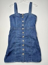 Express Denim Button Front Mini Dress Women's Small Blue Sleeveless Pockets Casu