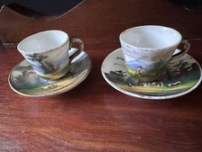 Pair Antique Miniature Cups Saucers Hand Painted Scenic Landscape Continental