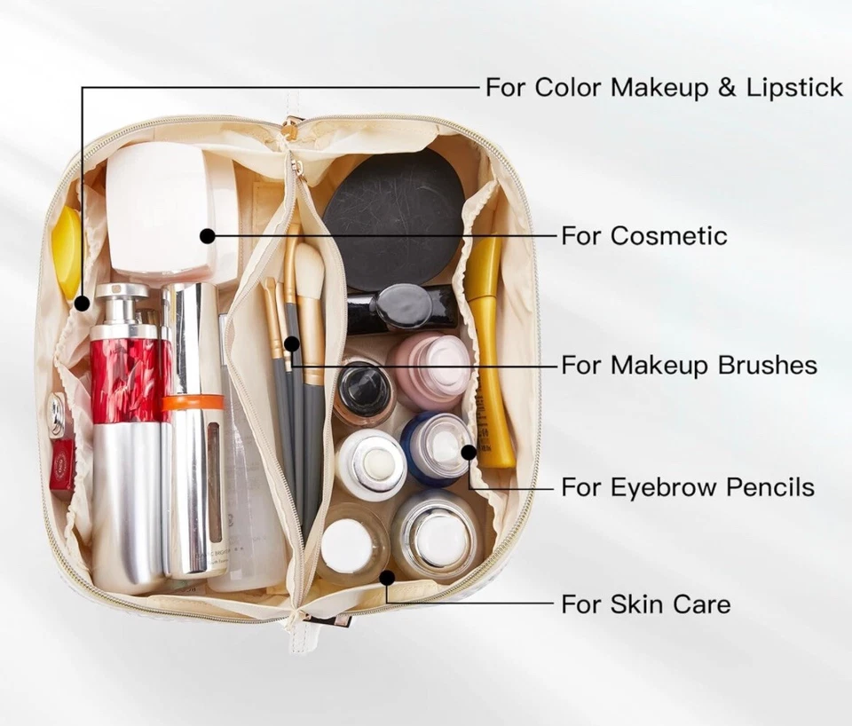Bolsa de maquiagem de viagem, organizador de higiene pessoal, couro ecológico de grande capacidade - Imagem 4 de 4