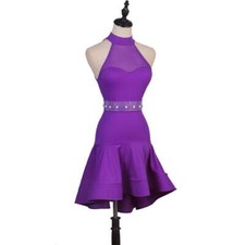 Women Hanging Neck Latindance Dress Ballroom Modern Waltz Tango Dress Purple