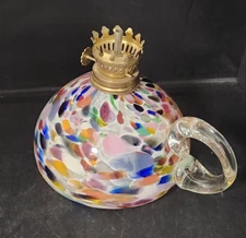 Hand Blown Confetti Art Glass Oil Lantern Iridescent Finger Hole Lamp 5" H