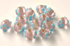 10pcs handmade Lampwork glass Beads blue flower on Pink 9 11mm