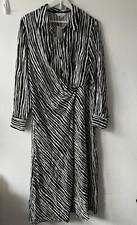 New M&S UK 14 Black White Striped Wrap Front Long Sleeve Shirt Dress Maxi