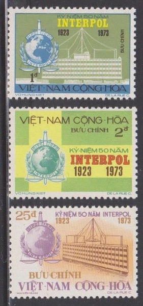 1973 South Vietnam Stamps INTERPOL Emblem and Headquarters Sc # 451-453 MNH