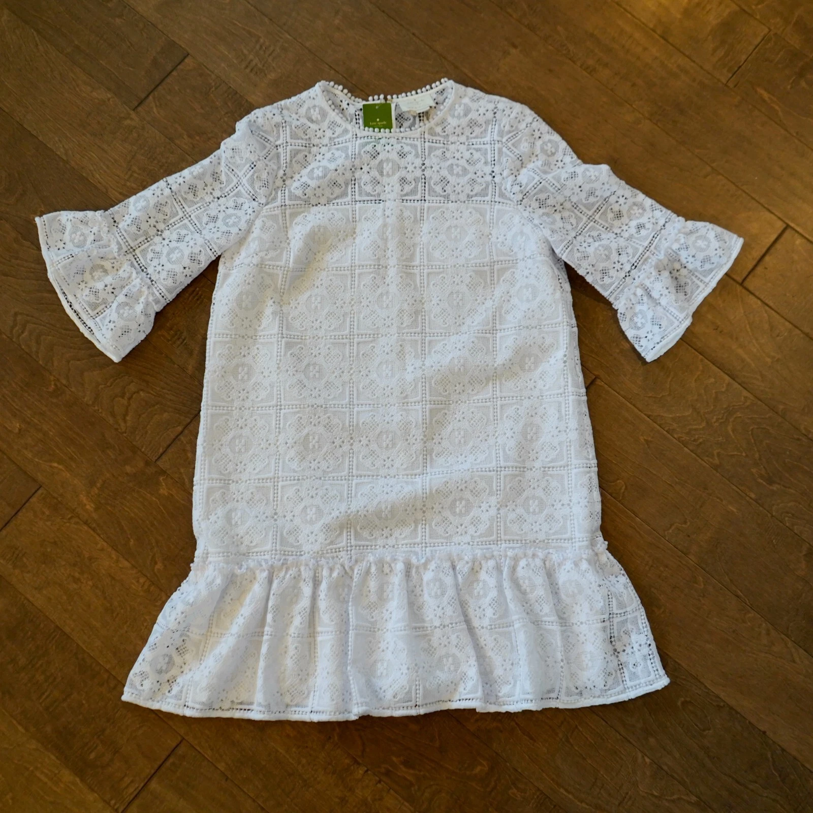 Abito Kate Spade Occhiellato Pizzo Cambio Spice Things Up Mini Bianco Svolazzante Tg 14 Nuovo con etichette