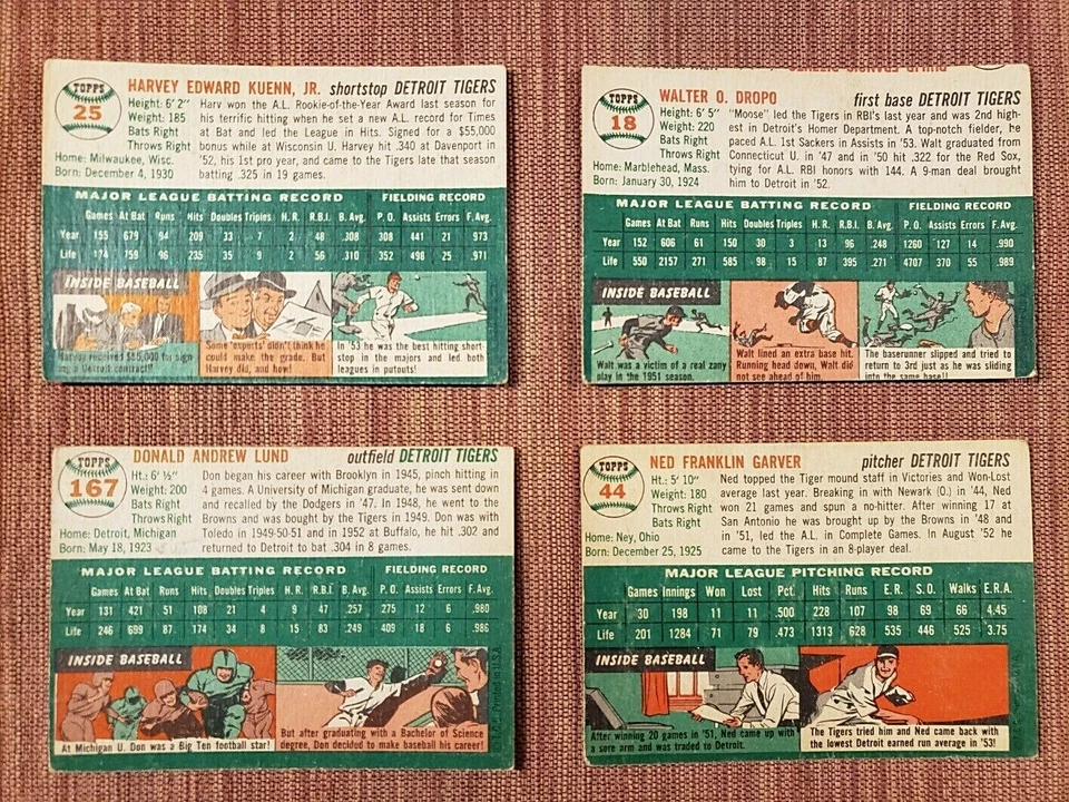 Бейсбольные карточки 1954 Topps Tigers Харви Куэнн RC Уолт Дропо Дон Лунд Нед Гарвер - Изображение 2 из 4