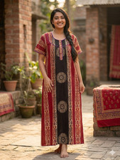 Women's 100 Cotton Floral Maxi Dress Long Nighty Bangladeshi Gown - Red/Black