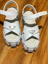 PRADA Triangle Logo White Leather Platform Ankle Strap Strappy Sandals 7
